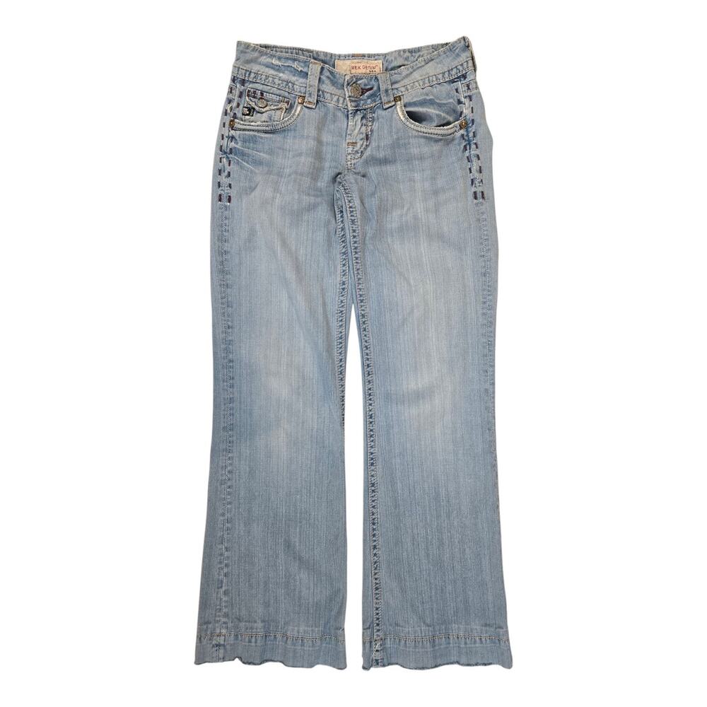 MEK DENIM USA Rocker Biker Distressed Washed Flare Low Denim Blue Jeans 25